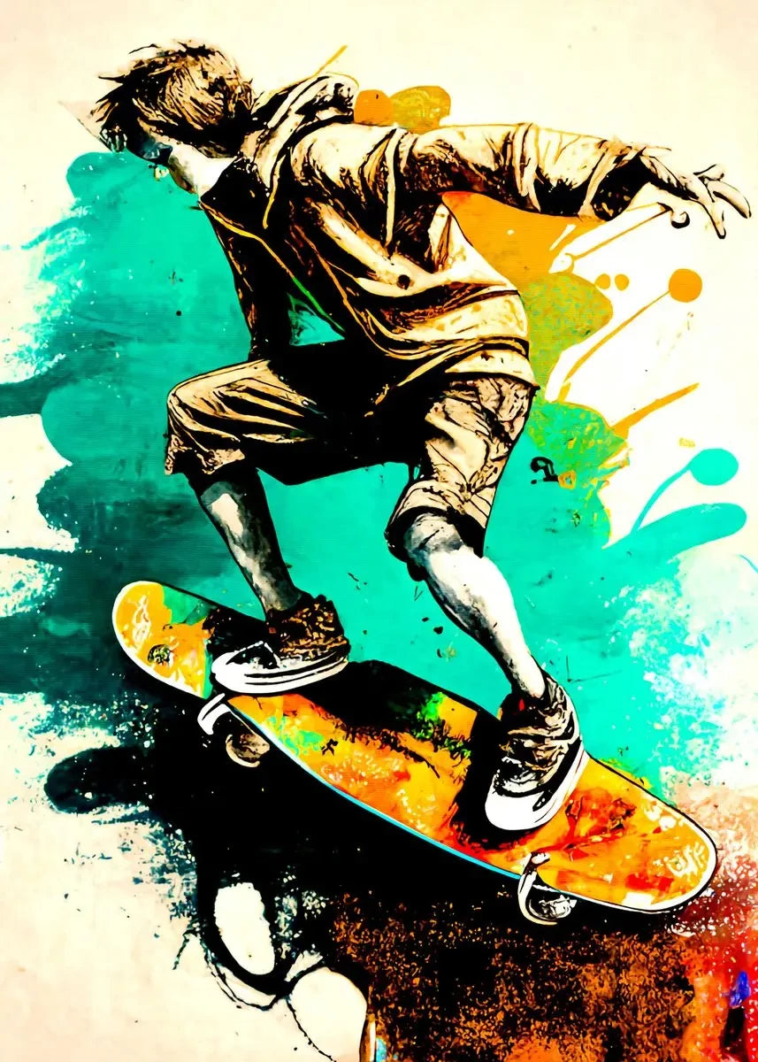 A person skateboarding is depicted in a dynamic pose against a vibrant teal and orange background.