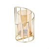 Elegant metal and glass candle holder with a cylindrical glass insert and wire frame.