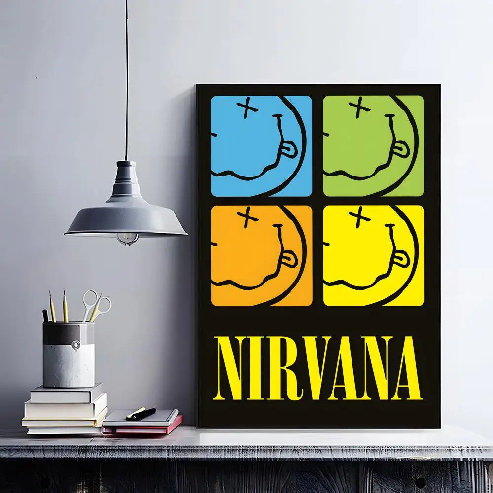 A black poster featuring the Nirvana logo in four colored squares: blue, green, orange, and yellow.
