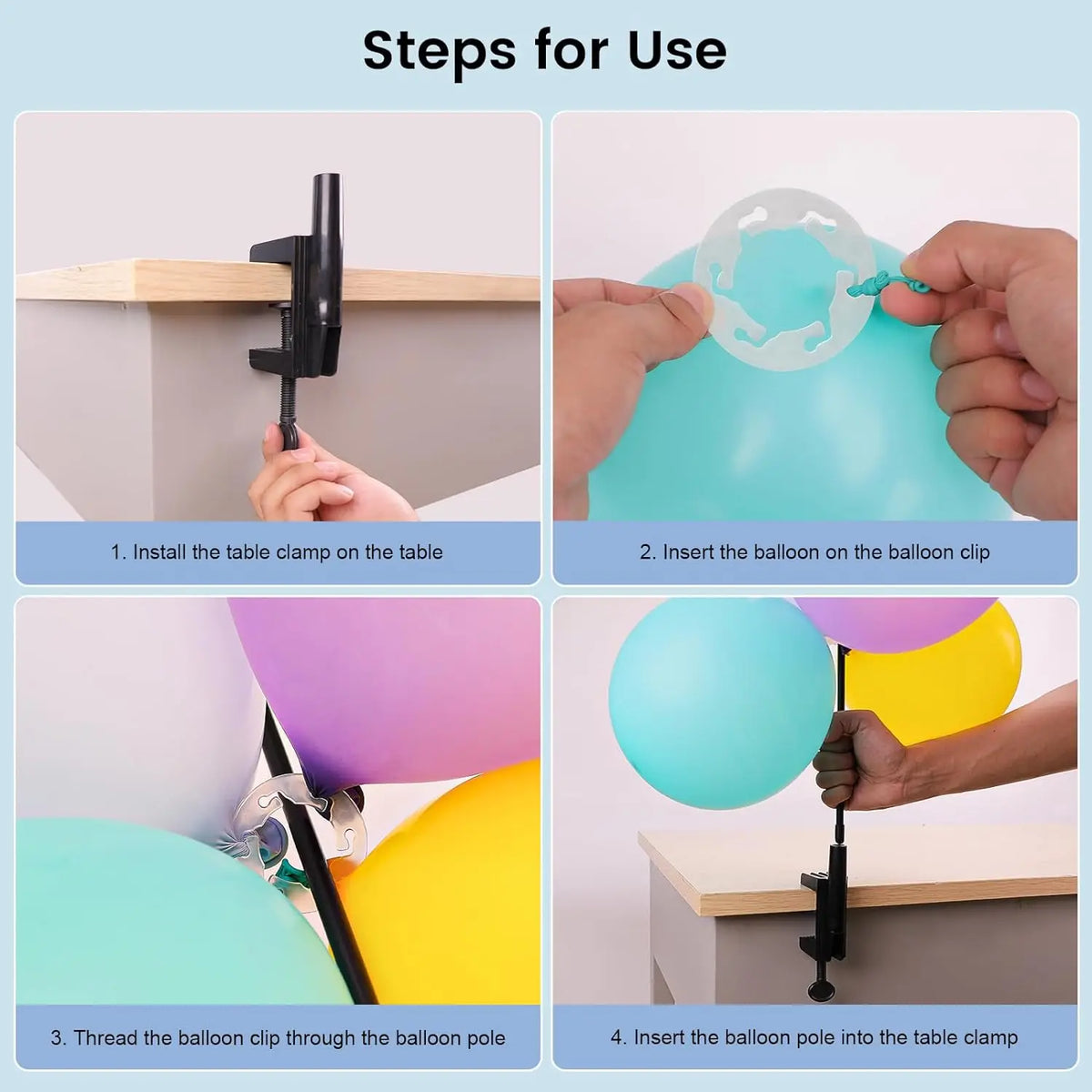 Steps for use showing how to install and use a black table balloon arch kit