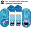 A set of blue shark themed plates, cups, and napkins for a party decoration.