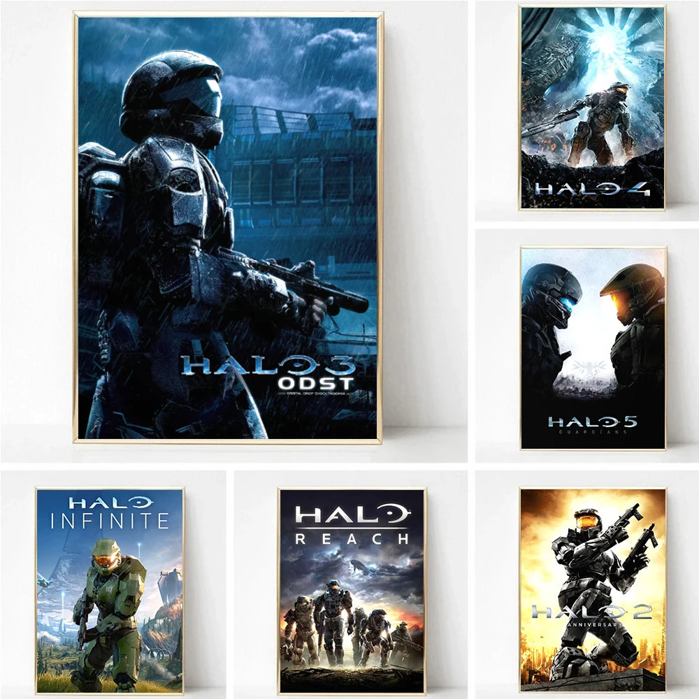 A collection of four canvas art prints featuring characters and scenes from the Halo video game series.