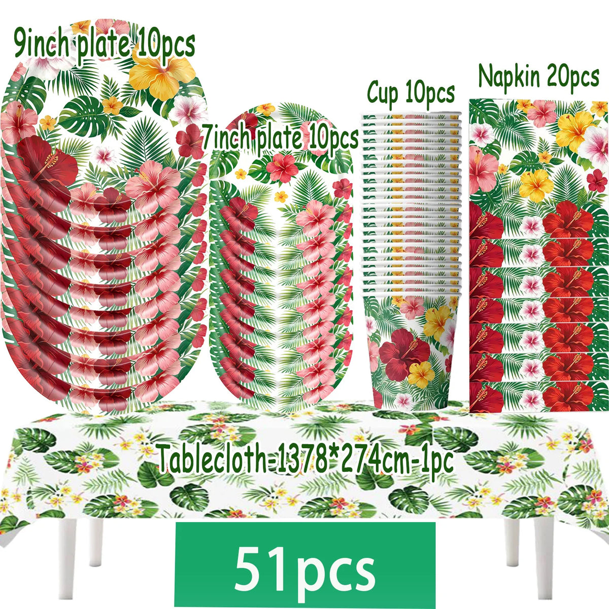 A set of tropical hibiscus party tableware including 9 inch and 7 inch plates, cups, and napkins