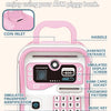 Piggy bank ATM rose avec poignée, entrée de pièces, clavier et compartiment de batterie.