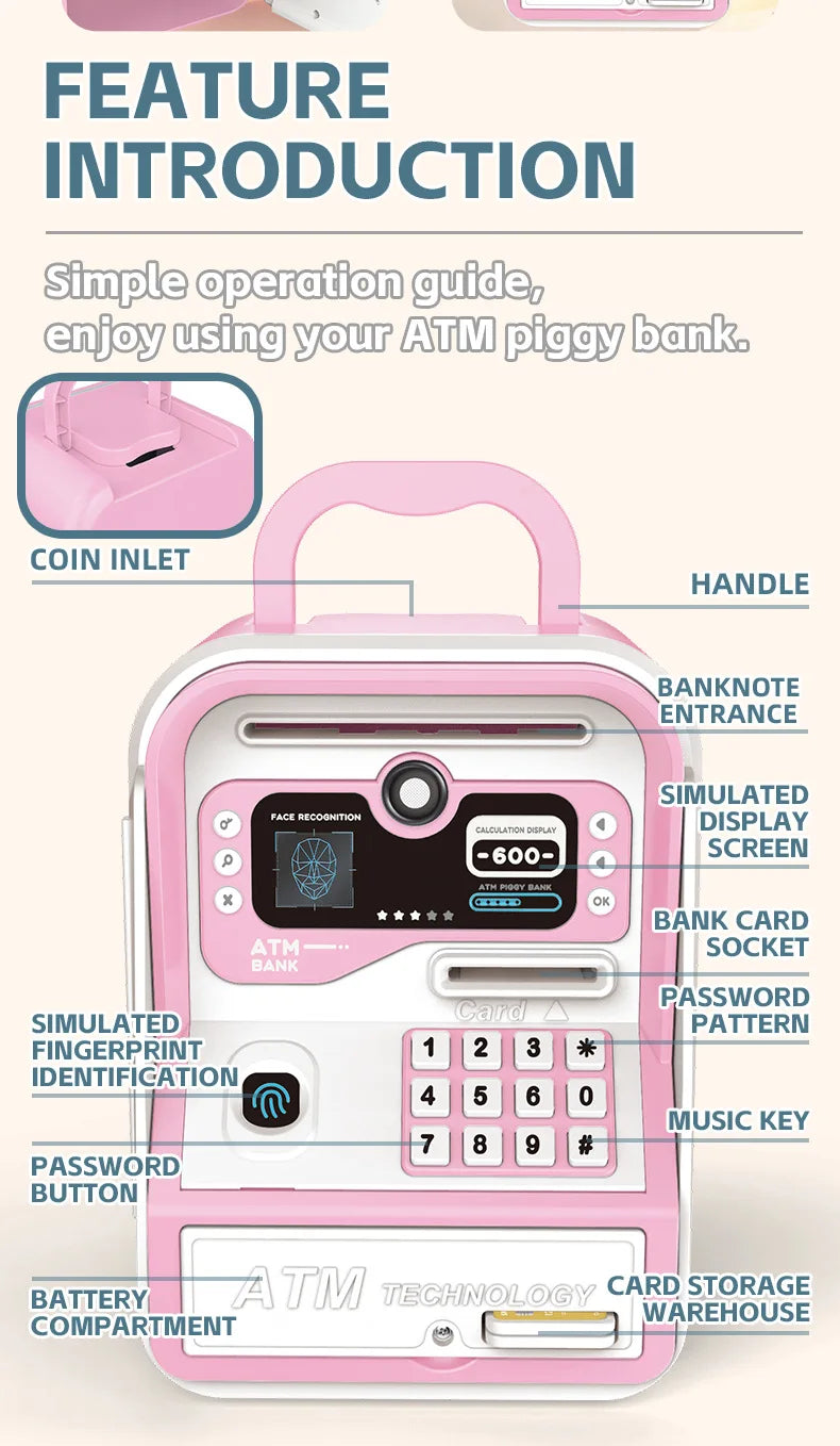 Piggy bank ATM rose avec poignée, entrée de pièces, clavier et compartiment de batterie.