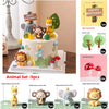 A set of nine animal cake toppers including small trees and mushrooms for a jungle safari theme.