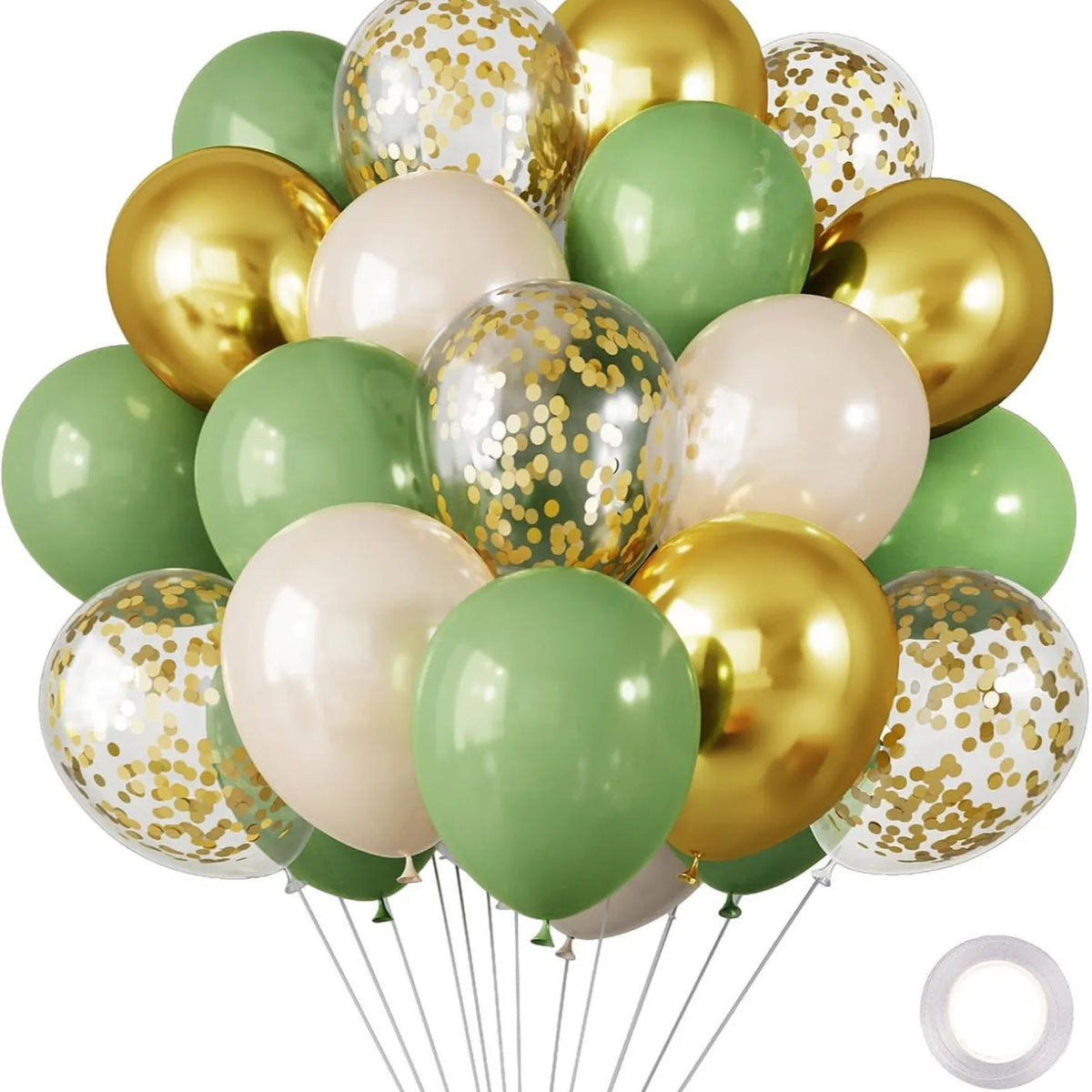 A bunch of chrome latex balloons in gold and light green colors.