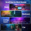 A collection of scenes showing a projector lamp with night light effect in various contexts like desk, bedroom, living room, 