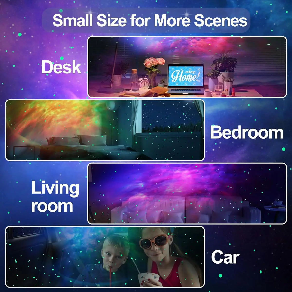 A collection of scenes showing a projector lamp with night light effect in various contexts like desk, bedroom, living room, 