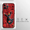 A red and black anime-themed phone case featuring a character in a dynamic pose, highlighting skin feel, anti-shock protectio