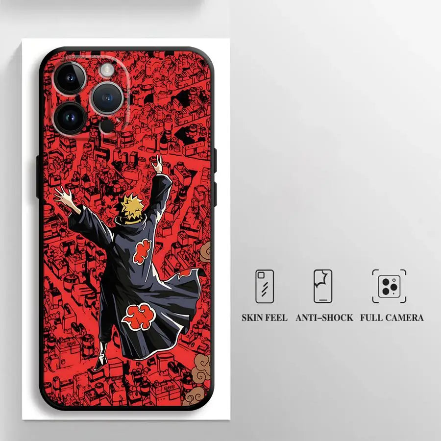 A red and black anime-themed phone case featuring a character in a dynamic pose, highlighting skin feel, anti-shock protectio