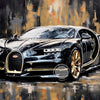A vintage oil painting style canvas art of a black sports car with gold accents, viewed from the front.