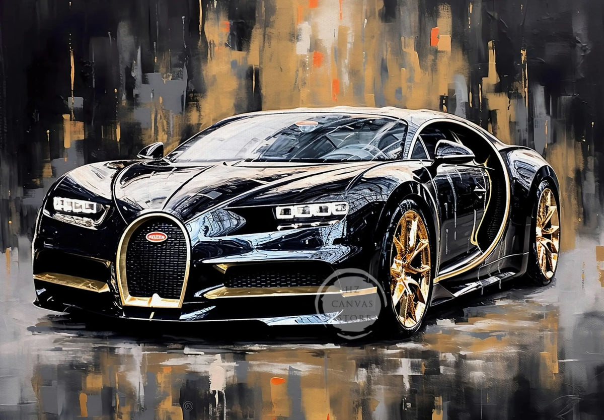 A vintage oil painting style canvas art of a black sports car with gold accents, viewed from the front.