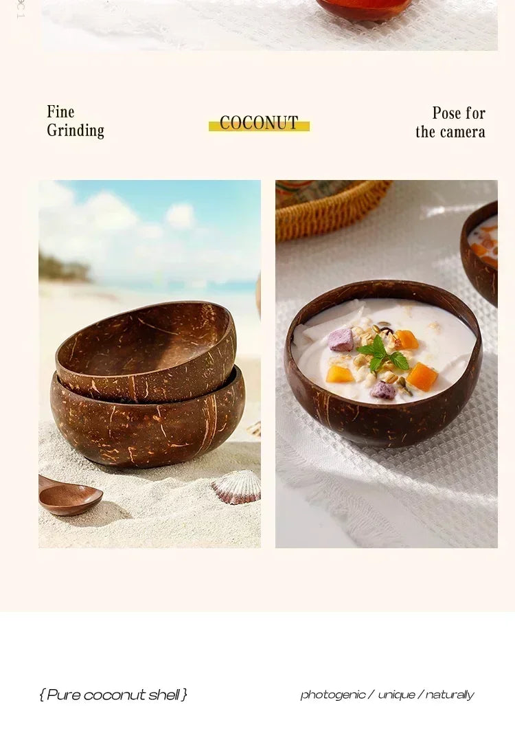 Three dark brown coconut shell serving bowls filled with a creamy white substance and garnished with orange pieces.