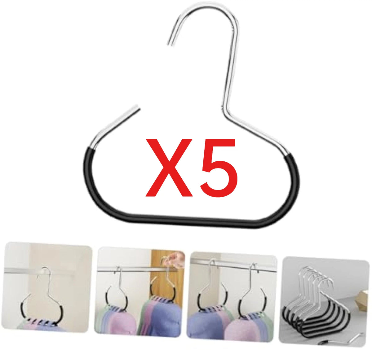 Five black round multi-purpose closet hooks for hanging hats, scarves, and bags.