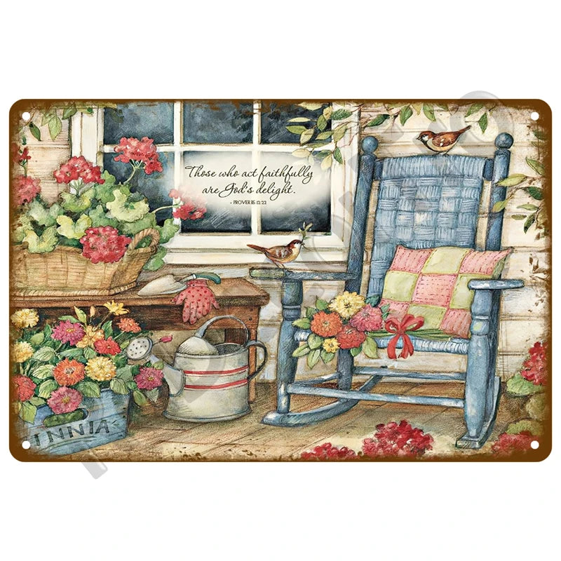 A vintage metal tin sign depicting a rustic scene with a window, potted flowers, and a wooden chair.