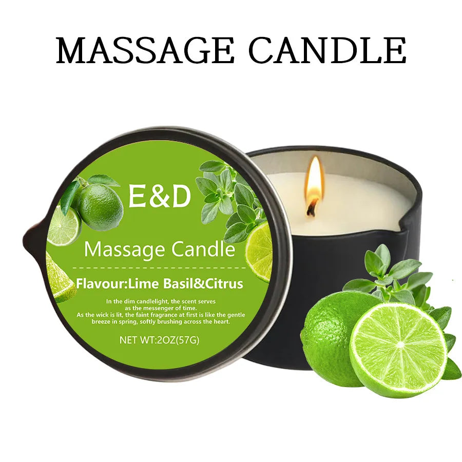 A dark candle jar labeled Massage Candle with Lime Basil Citrus scent and fresh lime slices.