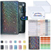 A leather cash envelope binder with budget organizer featuring colorful glitter accents and various card slots.