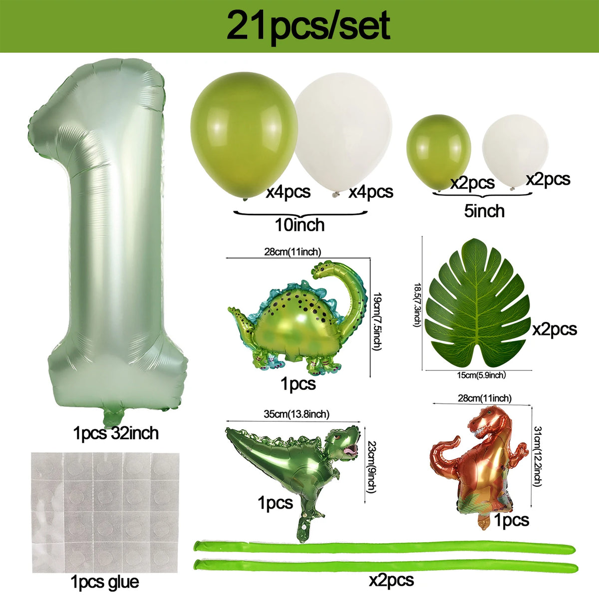 A set of 21 balloons including various sizes and a dinosaur shaped balloon for birthday decoration.