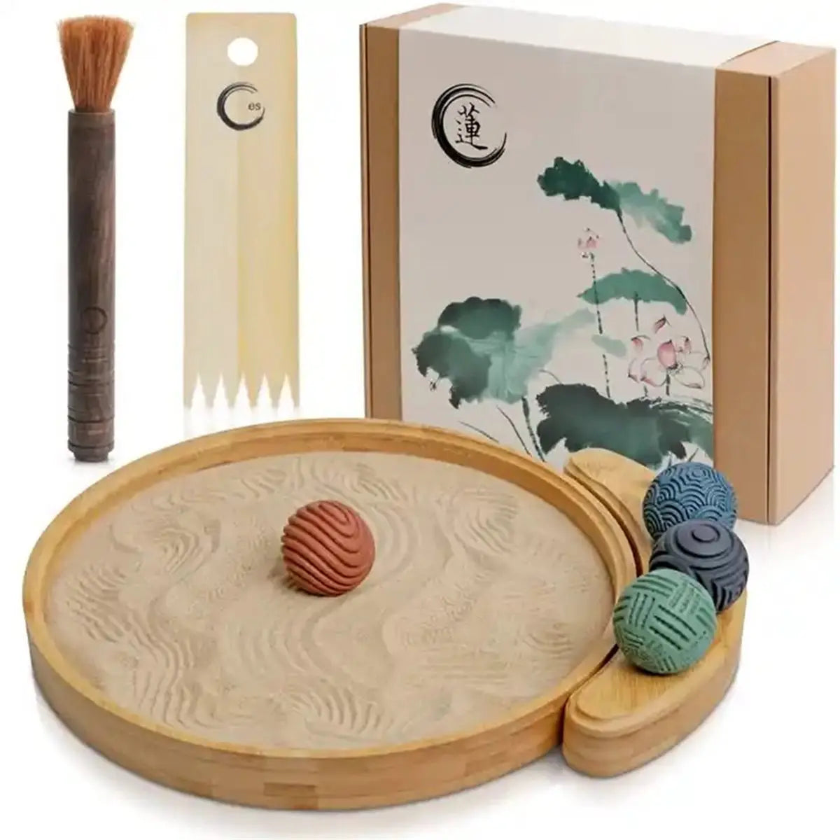 A wooden sensory sand table with a wooden brush and a decorative box featuring a green ink wash painting.
