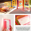 Vibrant acrylic photo frames displaying colorful art and messages on a white background.