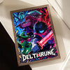 A framed poster featuring a vibrant illustration of a character from Deltarune with dark hair and purple armor against a colo