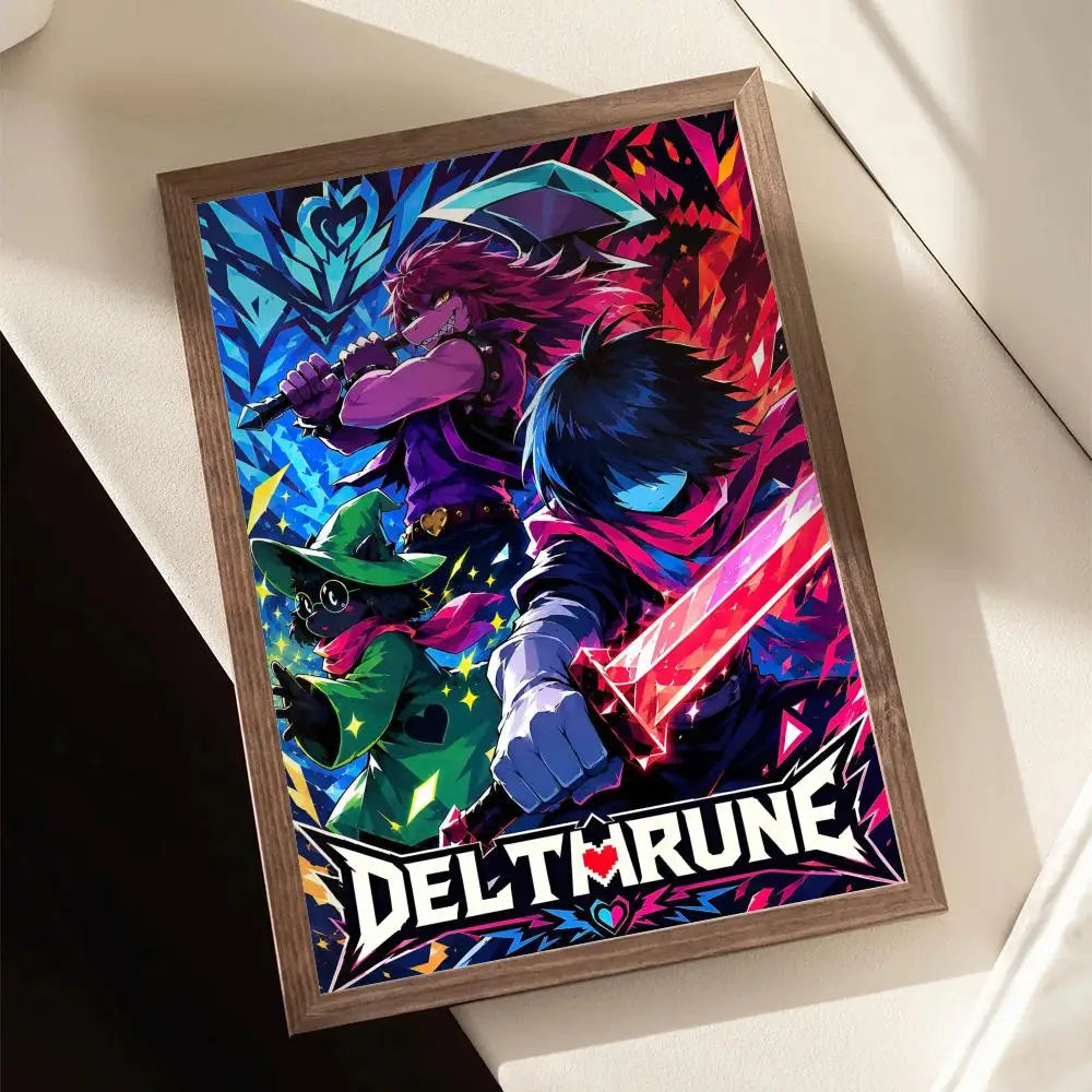 A framed poster featuring a vibrant illustration of a character from Deltarune with dark hair and purple armor against a colo