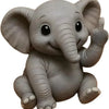 A gray resin statue of a cute elephant with large eyes and textured skin.