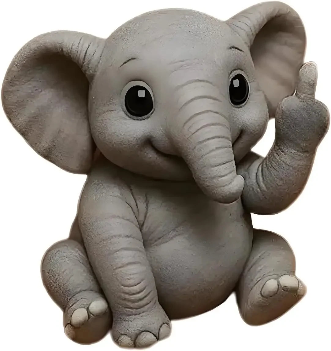A gray resin statue of a cute elephant with large eyes and textured skin.