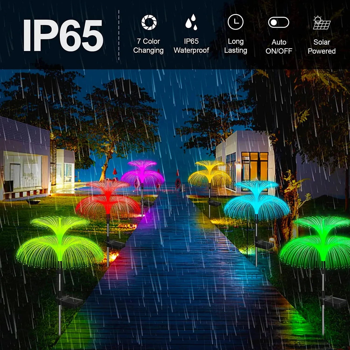 A row of colorful jellyfish garden lights illuminates a pathway under a rainy night sky.