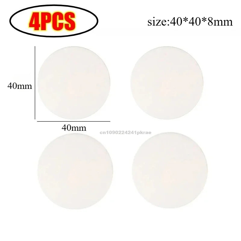 Four white silicone door stoppers or bumpers with a size of 40x40x8mm.