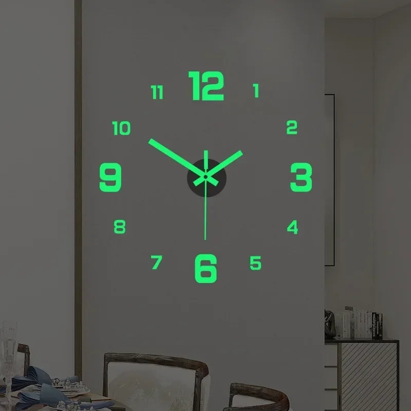 A bright green digital wall clock face displaying the time twelve o'clock with hour markers.