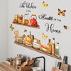 A wooden shelf decorated with kitchen items and butterfly wall decals for dining decor
