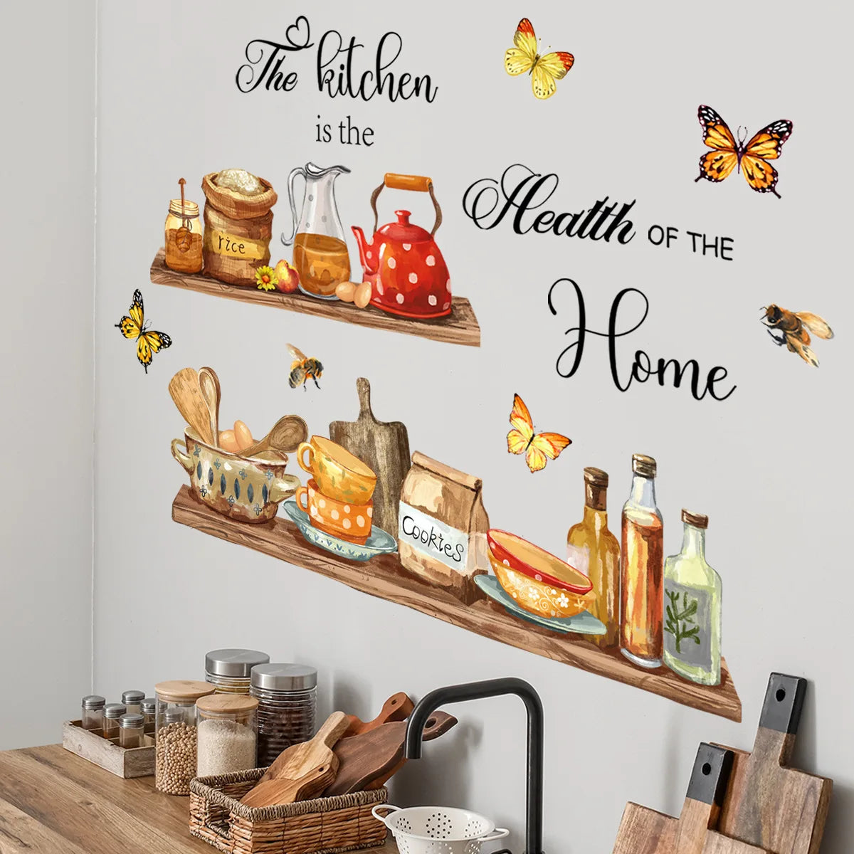 A wooden shelf decorated with kitchen items and butterfly wall decals for dining decor