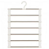 A white foldable multi-layer pants hanger with stainless steel rods and a hook.