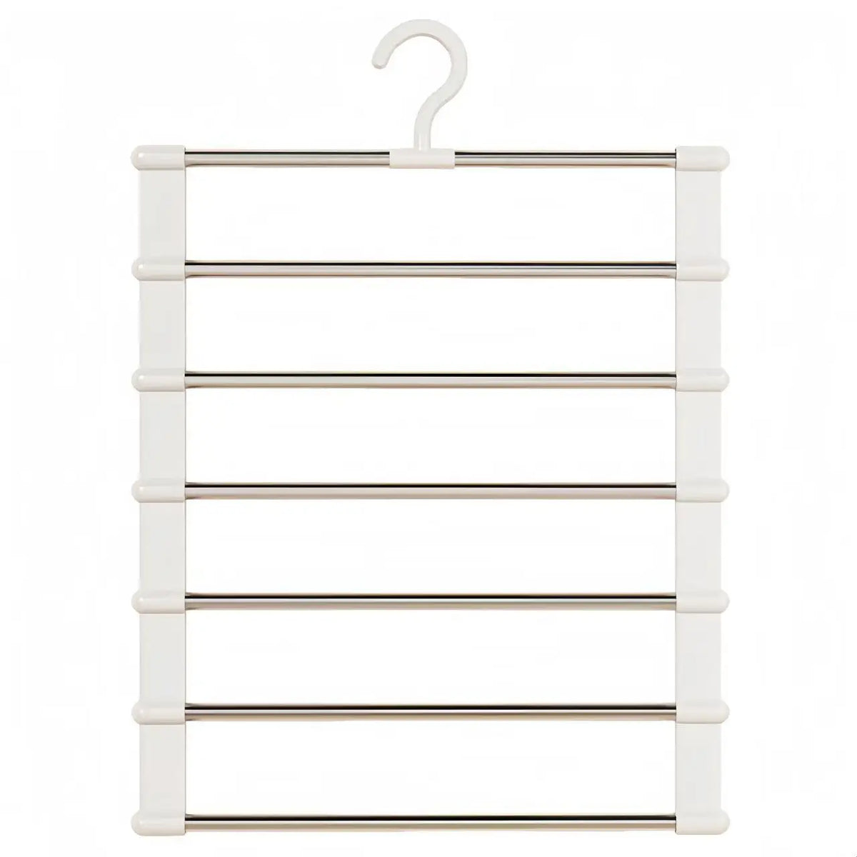 A white foldable multi-layer pants hanger with stainless steel rods and a hook.