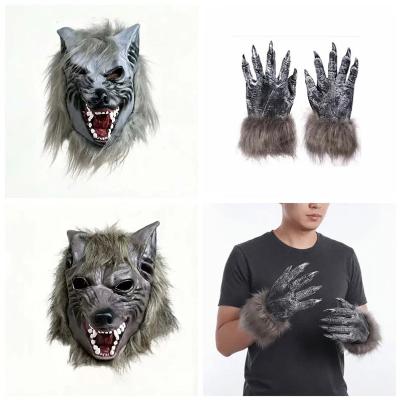 Realistic werewolf full head mask with gray fur and facial features displayed on a white background.