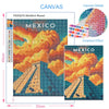 A square canvas print featuring a vibrant Mexico scene with pyramids and clouds, displayed next to details of the diamond pai