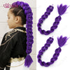 Purple braided ponytail hairpiece for kids shown on a child's hair and as separate braids