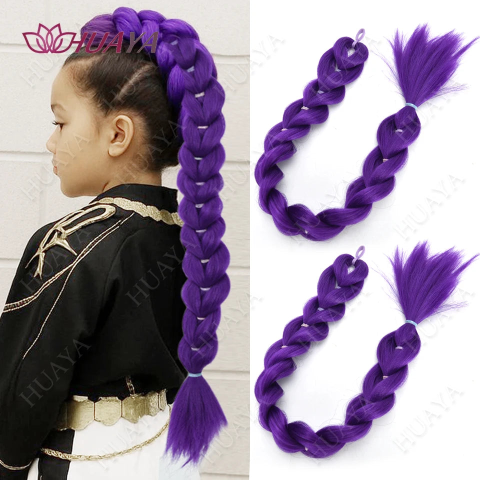 Purple braided ponytail hairpiece for kids shown on a child's hair and as separate braids