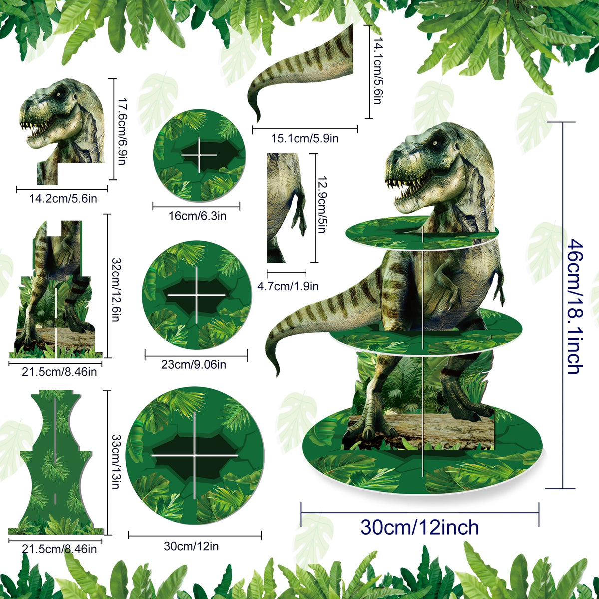 A three-tier dinosaur cupcake stand for party decor featuring realistic dinosaur figures and green foliage.