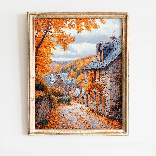 Oil painting of an autumn field landscape featuring stone buildings and vibrant orange foliage.
