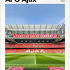 A poster featuring the interior of a football stadium with red seating and a green pitch.