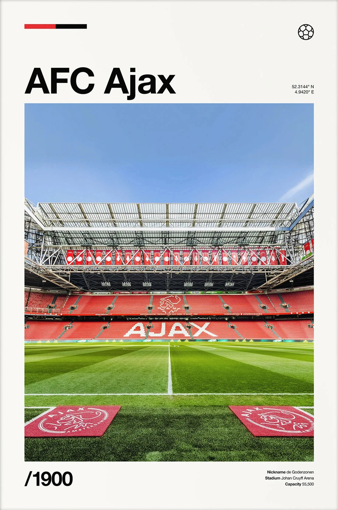 A poster featuring the interior of a football stadium with red seating and a green pitch.