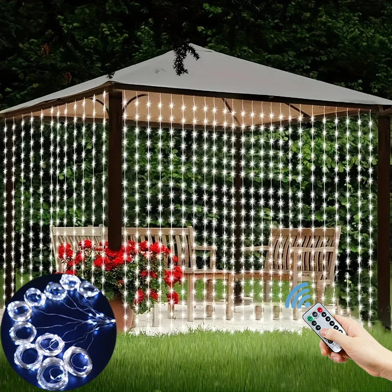 USB curtain fairy lights illuminating a wooden pergola and garden setting