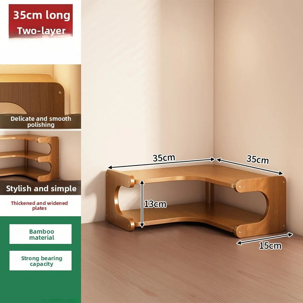 A wooden bamboo two-layer corner shelf with three tiers for storage, shown in a light wood tone.