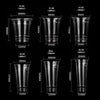 A set of clear disposable plastic cups of various sizes, including 10 oz to 24 oz, shown with their corresponding height and 