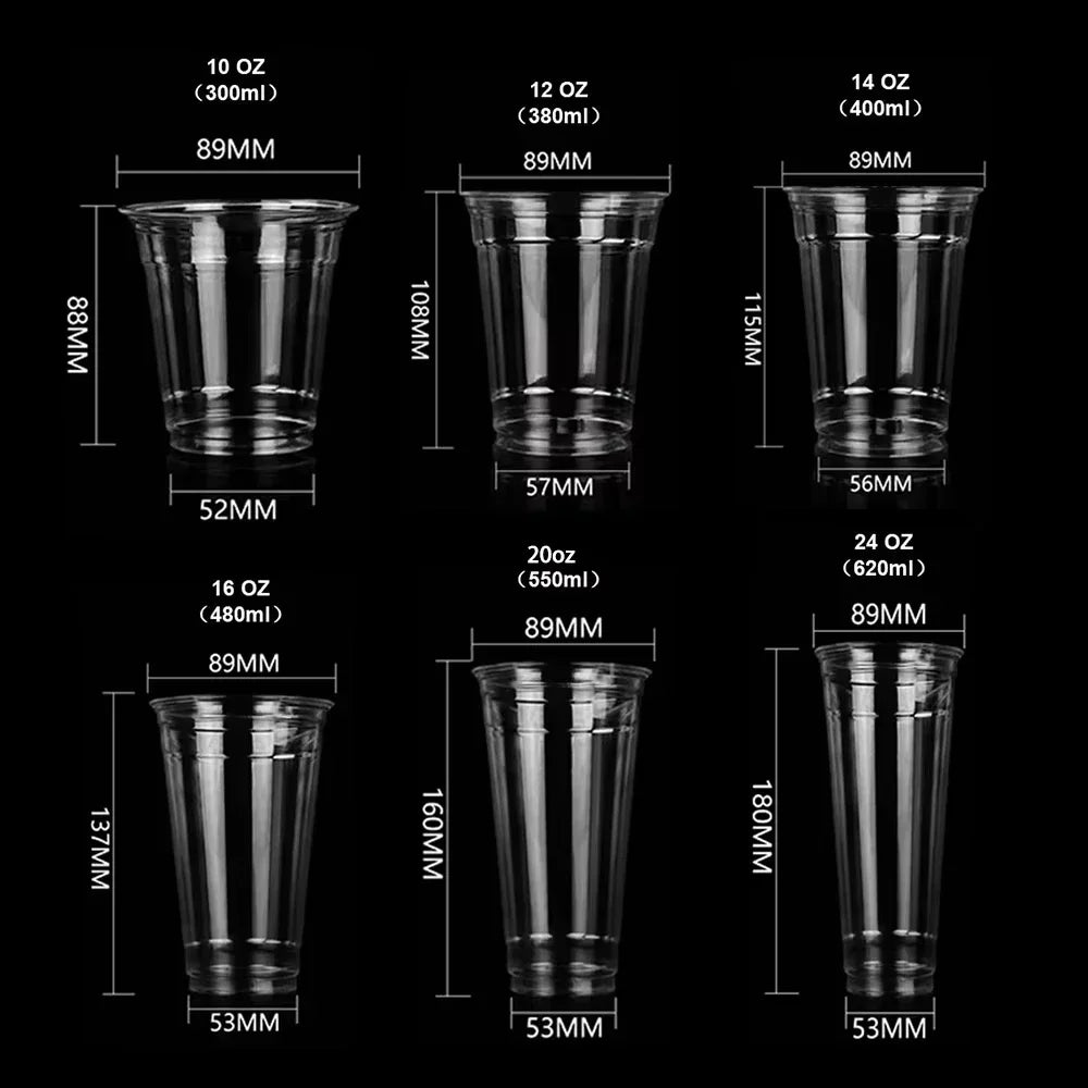 A set of clear disposable plastic cups of various sizes, including 10 oz to 24 oz, shown with their corresponding height and 