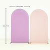 A seamless stretchable arch backdrop cover in light purple and pink tones, shown with dimensions.