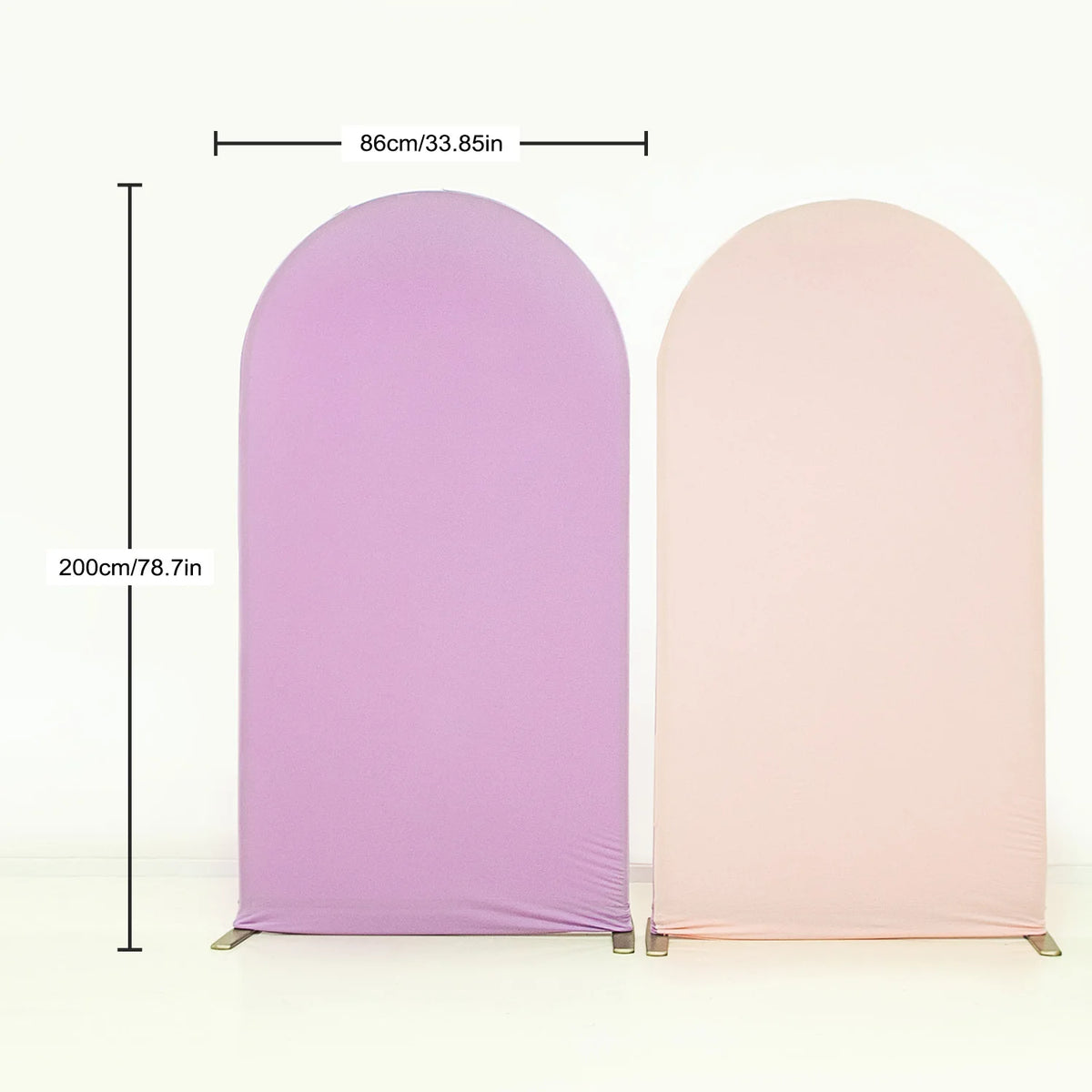 A seamless stretchable arch backdrop cover in light purple and pink tones, shown with dimensions.